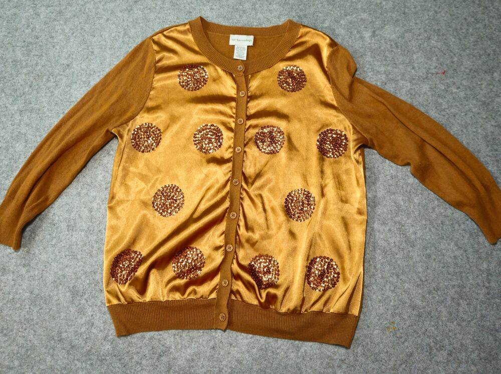 Soft Surroundings Sequin Polka Dot Cardigan Metallic Silk Front Gold S